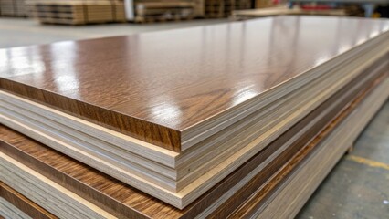 Poster - Closeup of a single laminate board resting on top of the stack showcasing its slightly beveled edges and a glossy finish that reflects the overhead lighting.