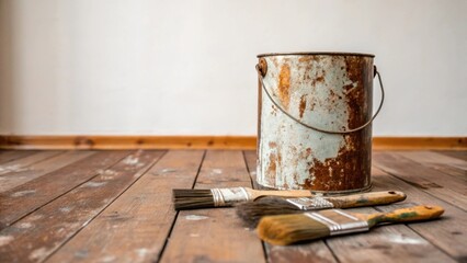Aufkleber - Closeup of a rusty paint can lying on the wooden floor surrounded by a few brushes with a plain wall in the background suggesting a transformative journey.