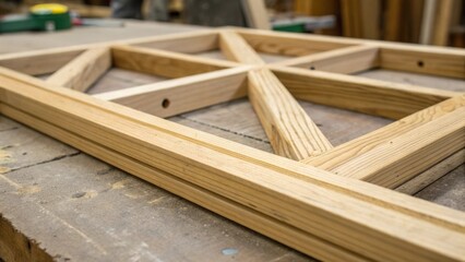 Closeup of a partially installed wooden frame with visible gaps between the pieces capturing the sense of an ongoing project that merges traditional craftsmanship with modern