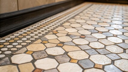 Aufkleber - Closeup of a mosaic pattern on the bathroom floor where small hexagonal tiles create a lovely interplay of muted tones and the contrasting dark grout enhances the intricate design.