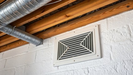 Aufkleber - Closeup of a newly installed heating vent on a textured white wall surrounded by exposed metal ducts creating a striking contrast against warm wooden beams above.