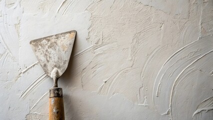 Poster - Closeup of a freshly smoothed plaster wall with faint tool marks creating a subtle pattern. A weathered trowel rests in the foreground its handle slightly dusty contrasting with