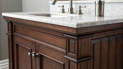 Fototapete - Closeup of a dark wood bathroom vanity with a brushed silver faucet and a sidemounted soap dispenser showcasing the rich grain of the wood against the clean lines of the