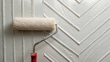 Aufkleber - Closeup of a newly primed wall with intricate brush strokes visible in a diagonal pattern alongside a paint roller still glistening with a fresh layer of primer dripping slightly
