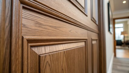 Poster - Closeup of a doors edge highlighting the precise alignment of the panels and the smooth finish with a soft focus on the grain pattern that runs the length of the wood.