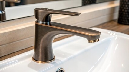 Poster - Closeup detail of the faucet handle showcasing its ergonomic shape shines in high detail against the backdrop of a shallow sleek sink promising comfort and style.