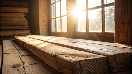 Poster - Bright sunlight streams through a nearby window illuminating the surface of aged wood pieces highlighting the knots and imperfections that add character.
