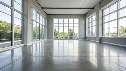 Poster - Bright natural light floods into a spacious area through expansive windows illuminating the light gray walls. The polished concrete floor glistens and the absence of any trim gives