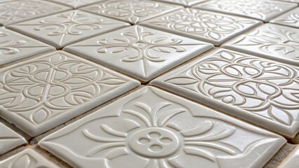 Aufkleber - A zoomedin view of tiles with a mixed pattern of matte and glossy finishes where the newly applied grout showcases its pristine whiteness enhancing the designs complexity.