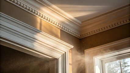 Aufkleber - A zoomedin view of the corner where the crown molding rests reveals dust motes dancing in the sunlight adding a touch of warmth to the awaiting renovation.