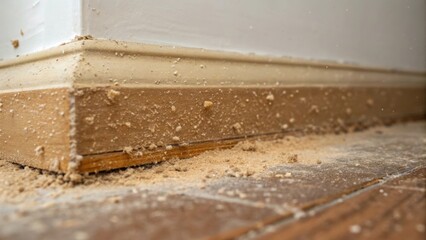 Poster - A zoomedin view of a discolored corner where bits of insulation are exposed inter with dust particles floating in the light symbolizing both neglect and potential renewal.