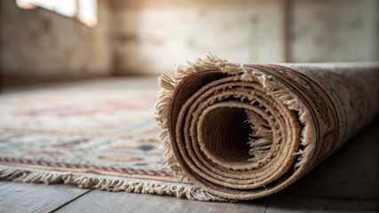 Fototapete - A zoomedin shot focusing on the frayed edges of a vintage rug rolled and abandoned in the corner symbolizing stories of past warmth within a currently empty dwelling.
