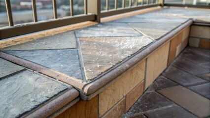 Poster - A zoomedin shot of a corner of the balcony where irregularly shaped tiles meet the unfinished edges showcasing a blend of textures with dust and debris resting in the crevices.