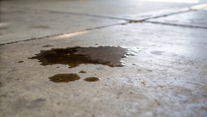 Poster - A zoomedin perspective of a water stain on the concrete floor the darkened area contrasting with the lighter surrounding surface.