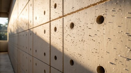 Aufkleber - A zoomedin perspective of the wall showing a few holes gathering dust with a glimpse of natural light filtering in illuminating the potential for stylish organization just ahead.