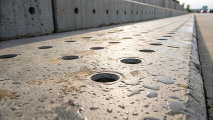 Aufkleber - A zoomedin shot revealing water stains on the rough concrete with drainage holes p strategically throughout suggesting a space designed for both functionality and aesthetic appeal.