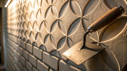 Poster - A vivid closeup of the wall reveals the unique pattern left behind by the troweling process accompanied by a fine metal finish trowel glinting in the soft ambient light.