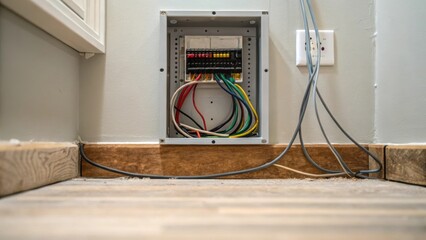 Aufkleber - A view of the bottom of the electrical panel where wires s out and disappear into the wall hinting at the inner workings that power the reimagined living space with a sense of