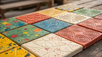 Aufkleber - A vibrant mix of handcrafted tiles adorned with abstract designs the closeup revealing the irregularities and paint splashes that embody the spirit of artistic creation.