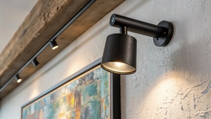 Aufkleber - A vibrant closeup of a matte black track light angled towards the wall highlighting a modern art piece. The texture of the light fixture stands out against the smooth ceiling