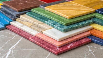 Aufkleber - A vibrant closeup of a stack of multicolored marble tiles displaying a rich tapestry of intertwined hues and textures layered in a playful yet sophisticated arrangement.
