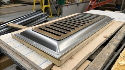 Poster - A vent cover brushed metal with rounded edges rests atop a stack of renovation materials bringing attention to the contrast between the old and new aesthetics.
