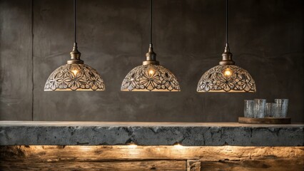 Poster - A trio of vintageinspired pendant lights with intricate filigree designs provides a rustic charm above a rugged concrete countertop highlighting the raw materials unique