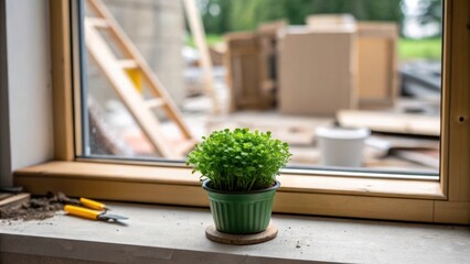 Poster - At the windows edge a small pot of fresh greenery sits in contrast to the surroundings embodying life amid the renovation chaos promising vitality once the mirrors reflect all