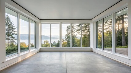 Aufkleber - A tranquil room featuring oversized windows that provide a bright view of the outside. The sleek white walls are maintained without trim while the flooring is a muted unfinished