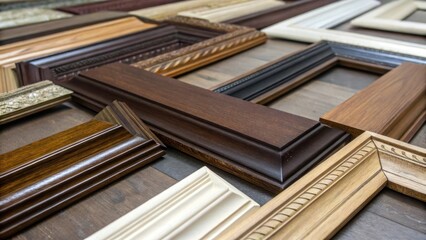 Aufkleber - A variety of picture frame moldings laid out in a chaotic yet organized manner illustrating the interplay of colors from dark mahogany to light oak with some pieces gleaming in the
