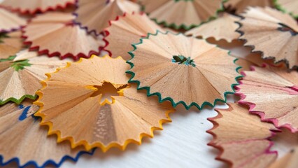 Poster - A vibrant assembly of small irregular wood shavings with jagged edges their surfaces marked by the subtle sheen from ting tools creating an organic mosaic against a stark