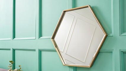 Poster - A uniquelyshaped hexagonal mirror rests against a mint green wall its sharp angles and reflective surface breaking the soft lines of traditional bathroom decor.