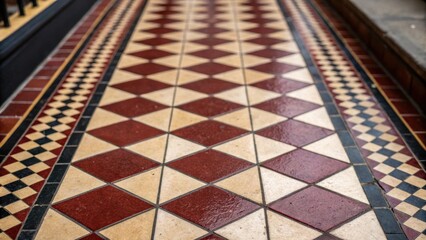 Aufkleber - A topdown angle of a striking diamondpatterned tile accentuating the rich color contrast and precise alignment that draws the eye toward the entry point.