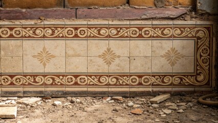 Poster - A tilescape of dull earth tones and remnants of an ornate border design creates a nostalgic scene capturing the beauty of bygone decor amidst the disorder.