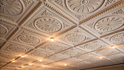 Poster - A tightly cropped image revealing the texture of raised motifs on a ceiling tile with diffused light creating soft highlights that accentuate the designs detail.