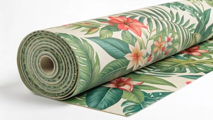 Poster - A tightly coiled roll of wallpaper with an oversized botanical print the lush greens and vibrant blooms creating a refreshing feel reminiscent of a garden in full bloom.