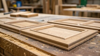 Aufkleber - A tight frame capturing a dusty workbench with unfinished cabinet pieces spread out  parts texture and raw beauty unrefined yet promising a stunning end result.