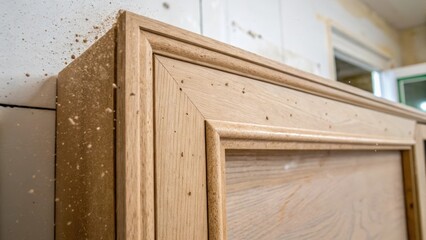 Poster - A tight crop of the cabinetry frame highlighting its unfinished surface while nearby dust particles settle on the surrounding clean wall.