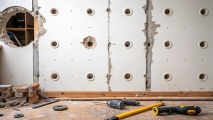 Poster - A tight angle shot of a wall where the surface is unexpectedly punctured with equipment holes offs of drywall visible nearby illustrating the intensity of the renovation work.
