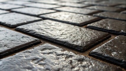 Aufkleber - A texturerich closeup featuring roughhewn tiles their surface irregularities adding character surrounded by a smooth velvety black grout that sharpens the edges.