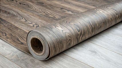 Aufkleber - A textured view of a patterned vinyl flooring roll showcasing a deep wood finish with knots and grains juxtaposed against the smoothness of the surface it is unfurling on.