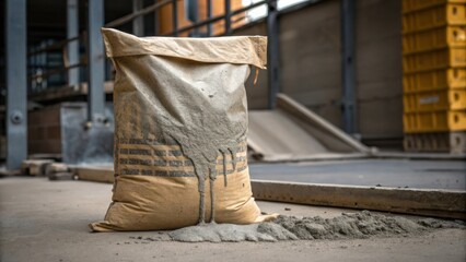 Poster - A textured shot capturing the resilience of a cement bag that has been dropped bulging at the bottom with cement pouring out creating an organic contrast with the industrial