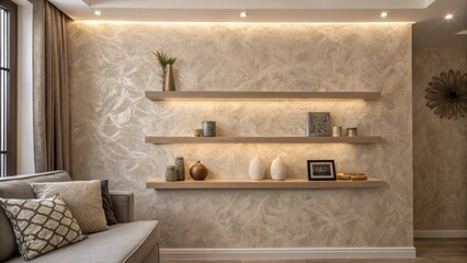 Poster - A textured light taupe wall offering a cozy ambiance its understated elegance perfectly primed for the addition of stylish floating shelves.