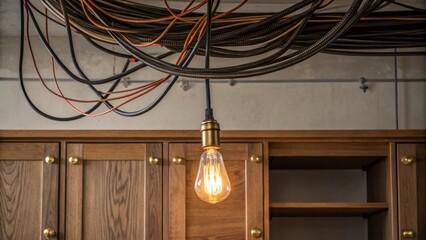 Aufkleber - A tangle of electrical wiring suspended from the ceiling with a dangling light bulb casting a warm glow on a patch of newly installed cabinetry below.