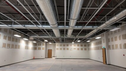 Aufkleber - A tangle of overhead ducts converges at a single point creating an intricate web above an open space while patches of drywall suggest the room is on the brink of a new