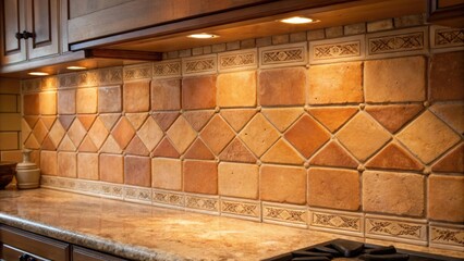Aufkleber - A tactile view of a rustic terracotta tile backsplash with warm earth tones freshly grouted with a sandy beige that brings out the natural warmth of the tiles.