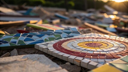Aufkleber - A swirling mix of tile shapes and colors creating a mosaiclike effect in the discarded pile the focus on the interplay of light and shadow across the surfaces.