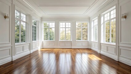 Aufkleber - A stylish room with wide windows that allow light to pour in illuminating the unobtrusive white walls. The polished wooden floor shines and the lack of trim enhances the