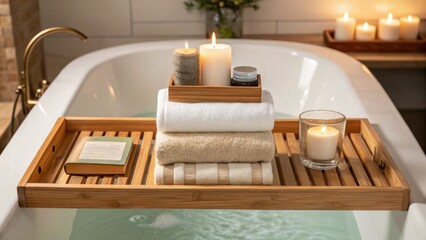 Aufkleber - A stylish wooden bath caddy spans across the tub holding a neatly arranged stack of bath essentials imbuing a sense of organized comfort and selfcare.
