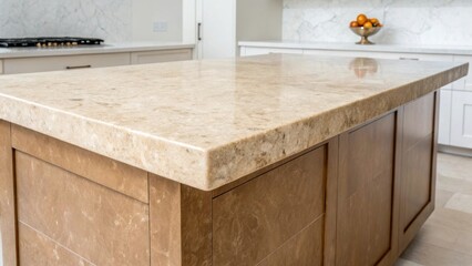 Aufkleber - A streamlined kitchen island with unmounted limestone countertops exhibiting natural imperfections and hues ranging from soft beige to deep tan set against a white backdrop.